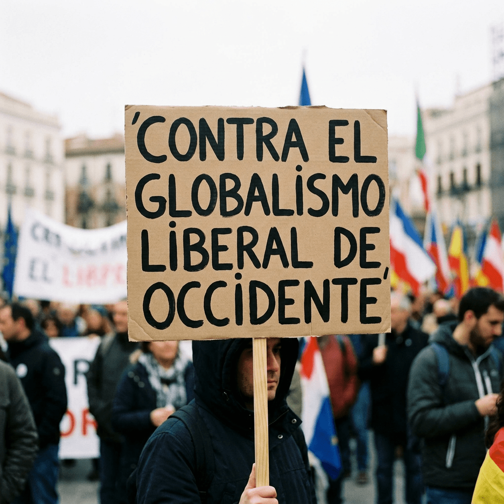 Protester holding a sign reading 'Contra el globalismo liberal de occidente' at a rally