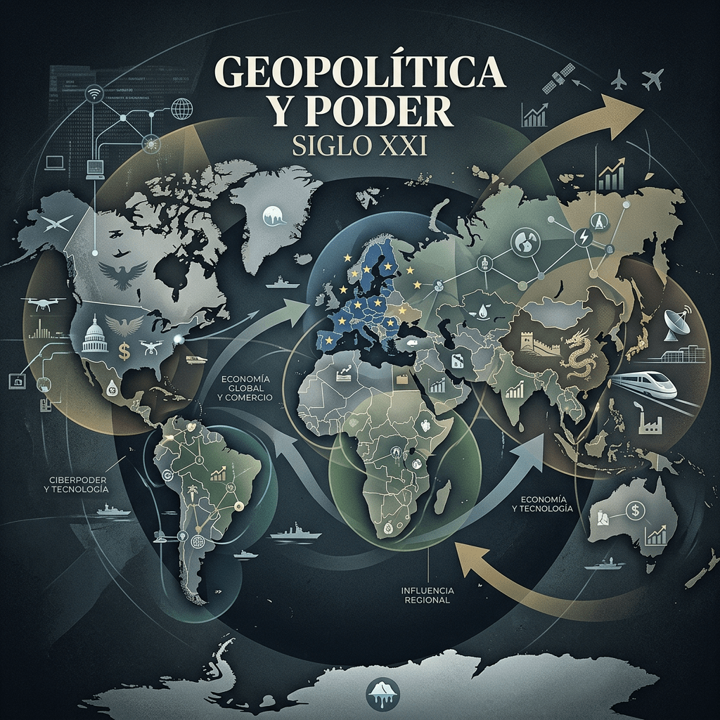 World map showing geopolitical influence, technology, and economy with regional icons and arrows.