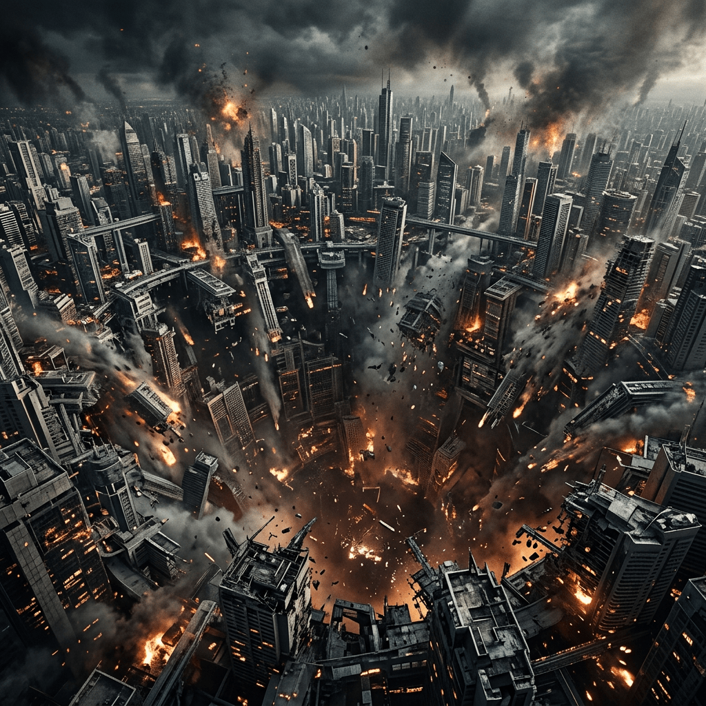 Large explosion creating a massive crater in the center of a sprawling futuristic city with collapsing skyscrapers and rising smoke