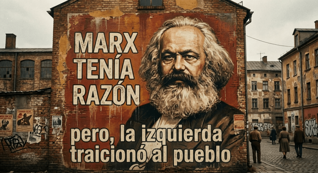 Mural with Karl Marx portrait and text 'Marx tenía razón, Izquierda traicionó al pueblo' on brick wall