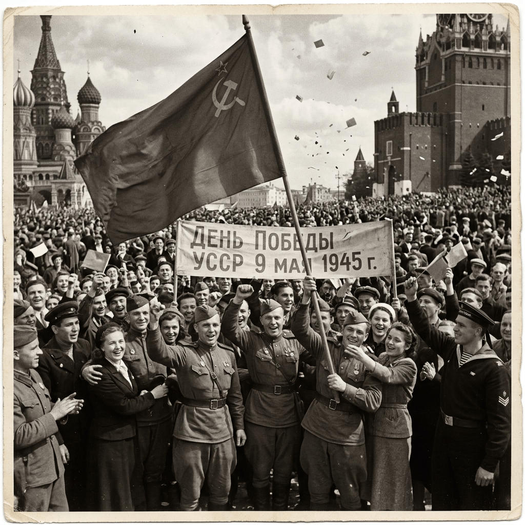 Group of Soviet soldiers and civilians celebrating Victory Day in Red Square with a Soviet flag and a banner dated May 9, 1945
