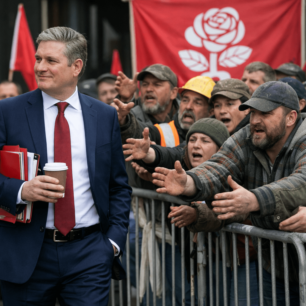 Labour leader in suit holding coffee cup and files near protesting workers with Labour Party flag
