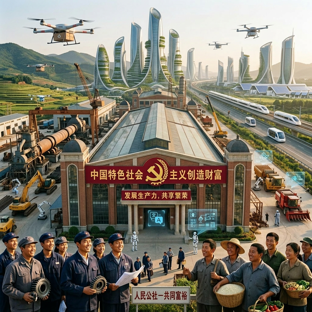 Group of smiling workers and farmers standing in front of a large factory with Chinese communist slogans and industrial machinery in the background