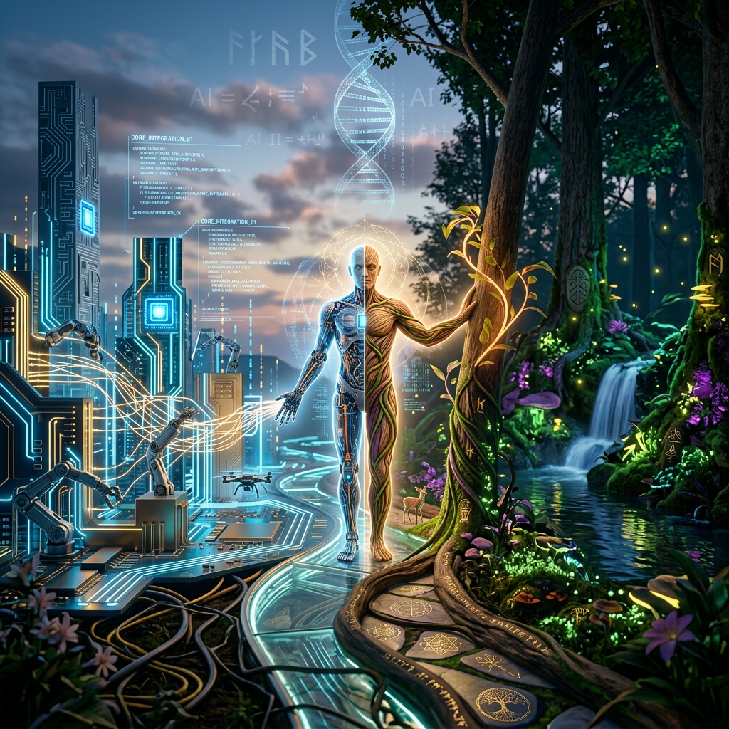 Glowing figure connecting digital cityscape to illuminated forest with waterfall