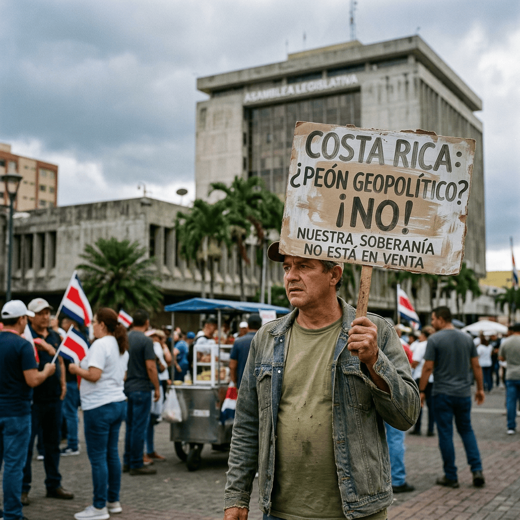 Man holding a sign that reads 'Costa Rica: Peón Geopolítico? ¡No! Nuestra soberanía no está en venta' at a protest